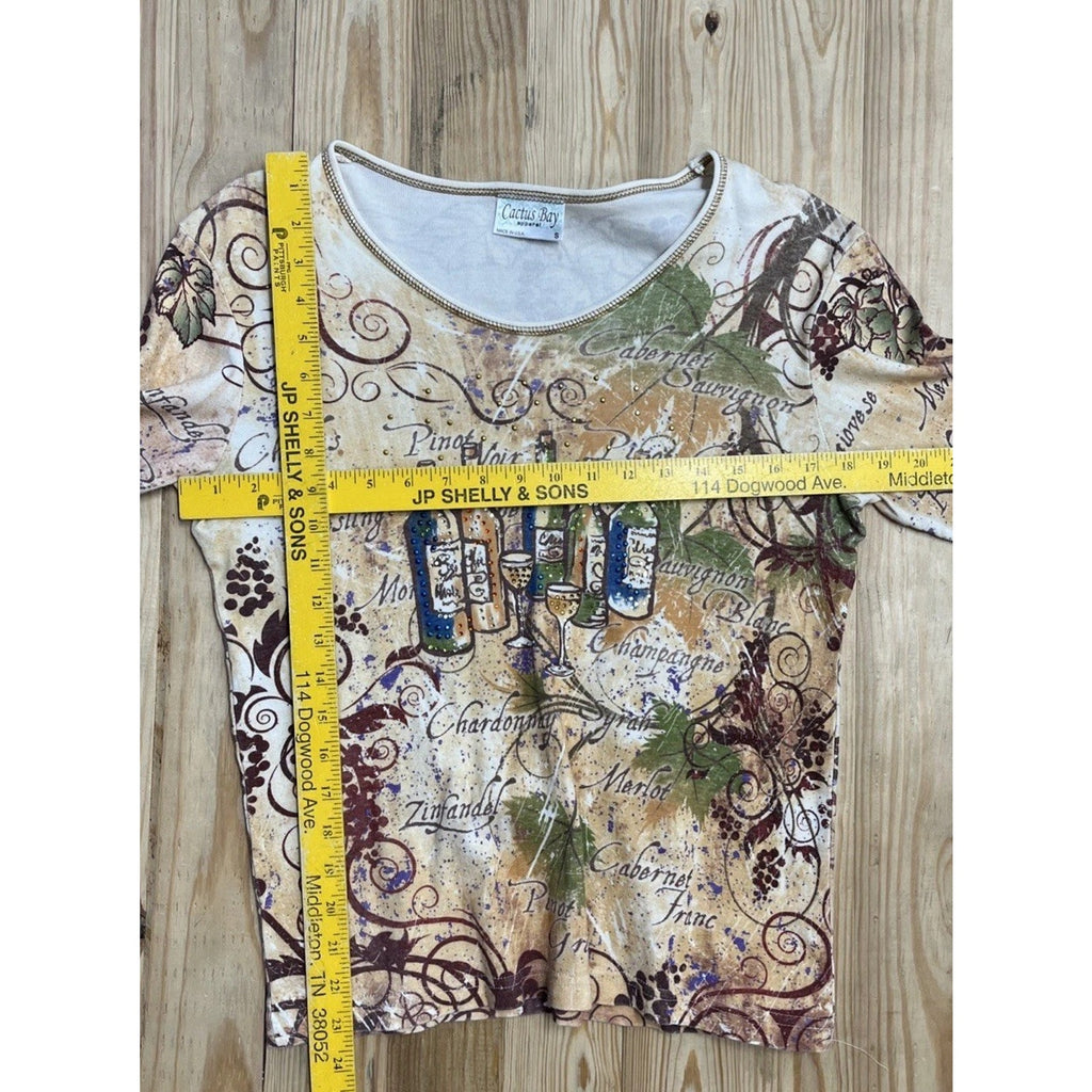Cactus Bay Tattoo Print Womens S 3/4 Sleeve Top Merlot Wine Glasses Made USA