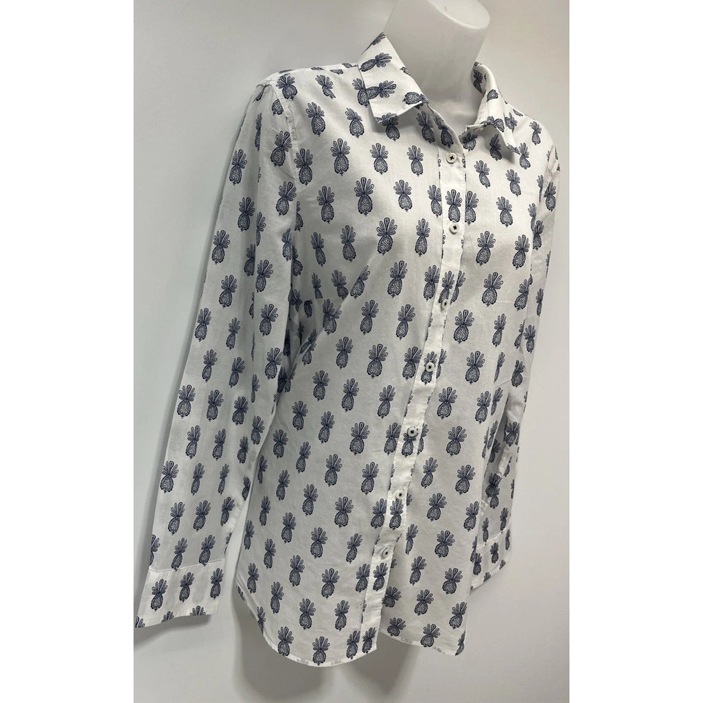 Talbots Blouse Womens Size M White Cotton Blue Paisley Lightweight Button Up