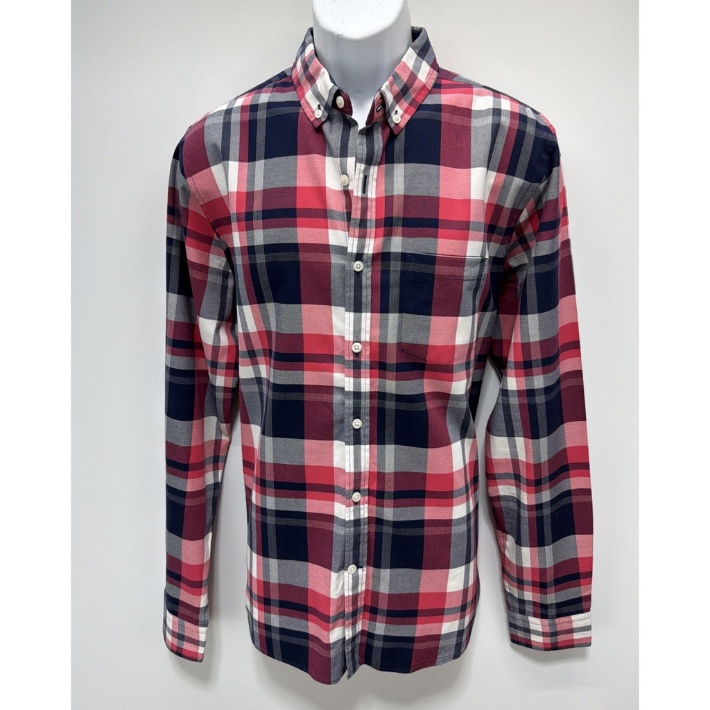 Express Soft Wash Shirt Mens M Red Blue Plaid Button Up Long Sleeve Cotton