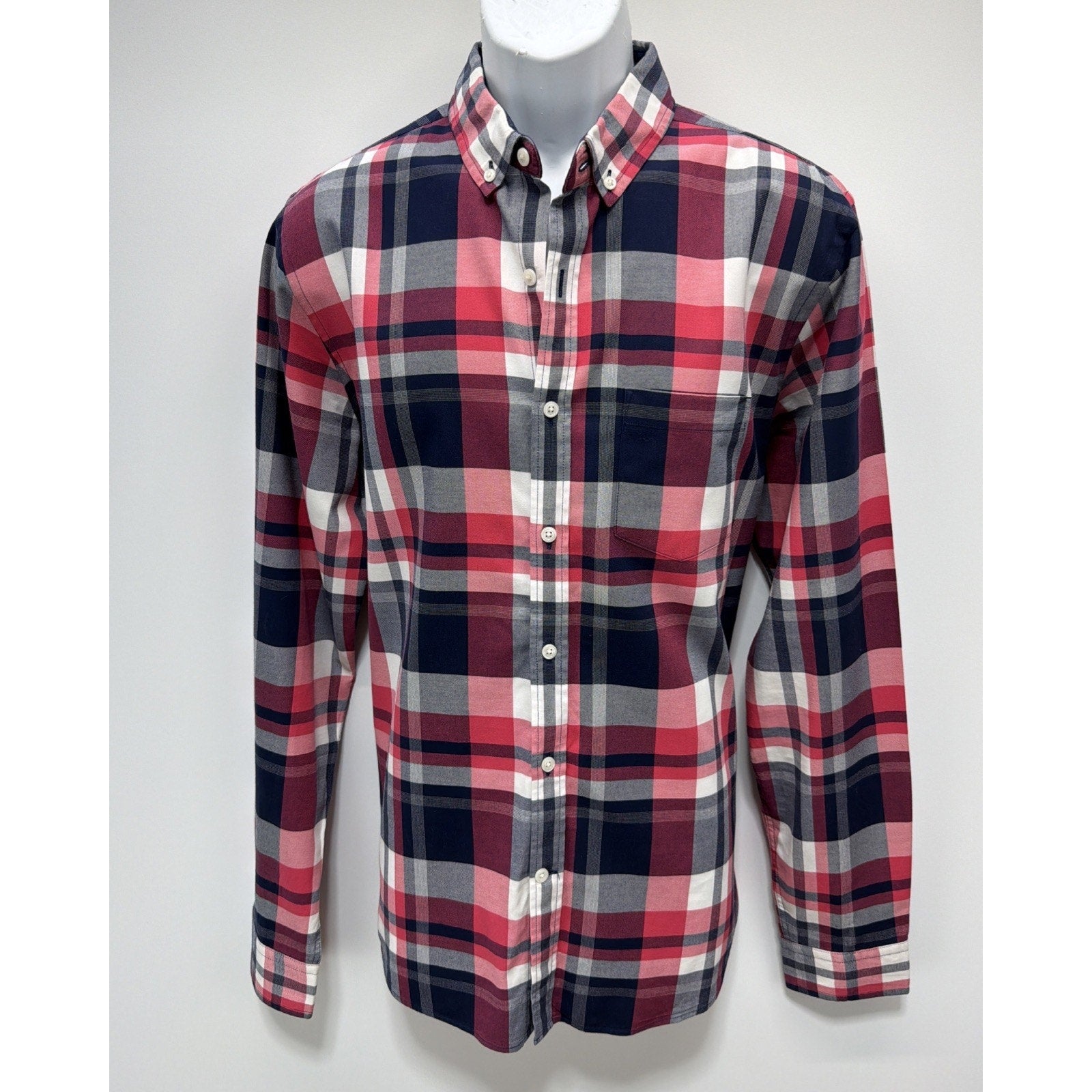 Express Soft Wash Shirt Mens M Red Blue Plaid Button Up Long Sleeve Cotton