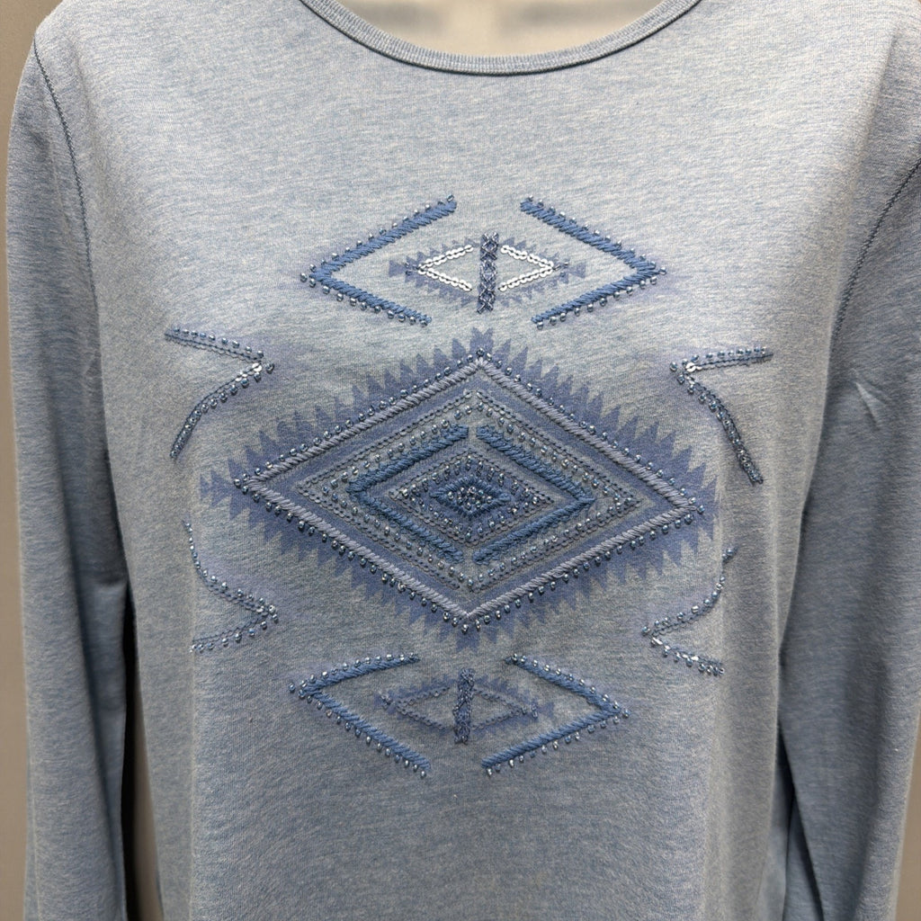 Lauren Ralph Lauren Embroidered Beaded Aztec Long Sleeve Top Blue Size Large