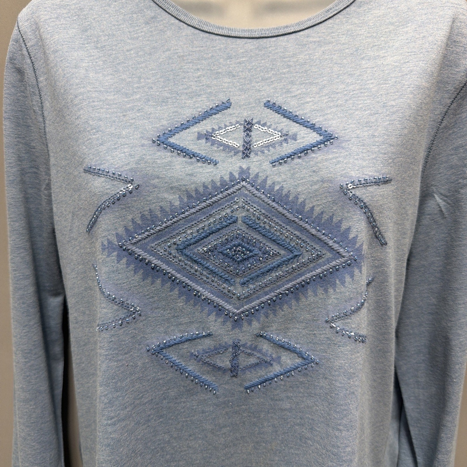 Lauren Ralph Lauren Embroidered Beaded Aztec Long Sleeve Top Blue Size Large