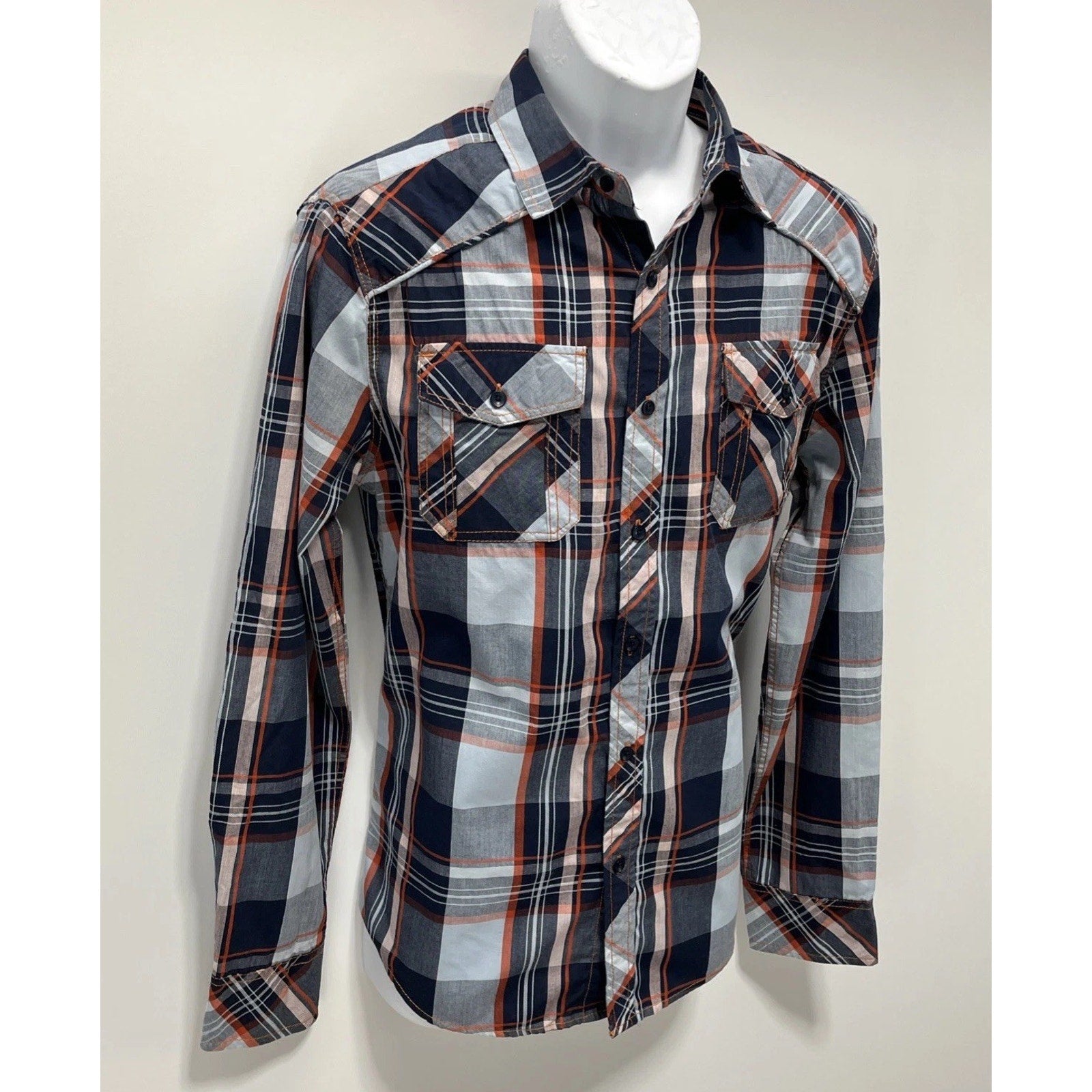 Carbon Mens Shirt Button Down Long Sleeve Plaid Classic Fit Size Medium