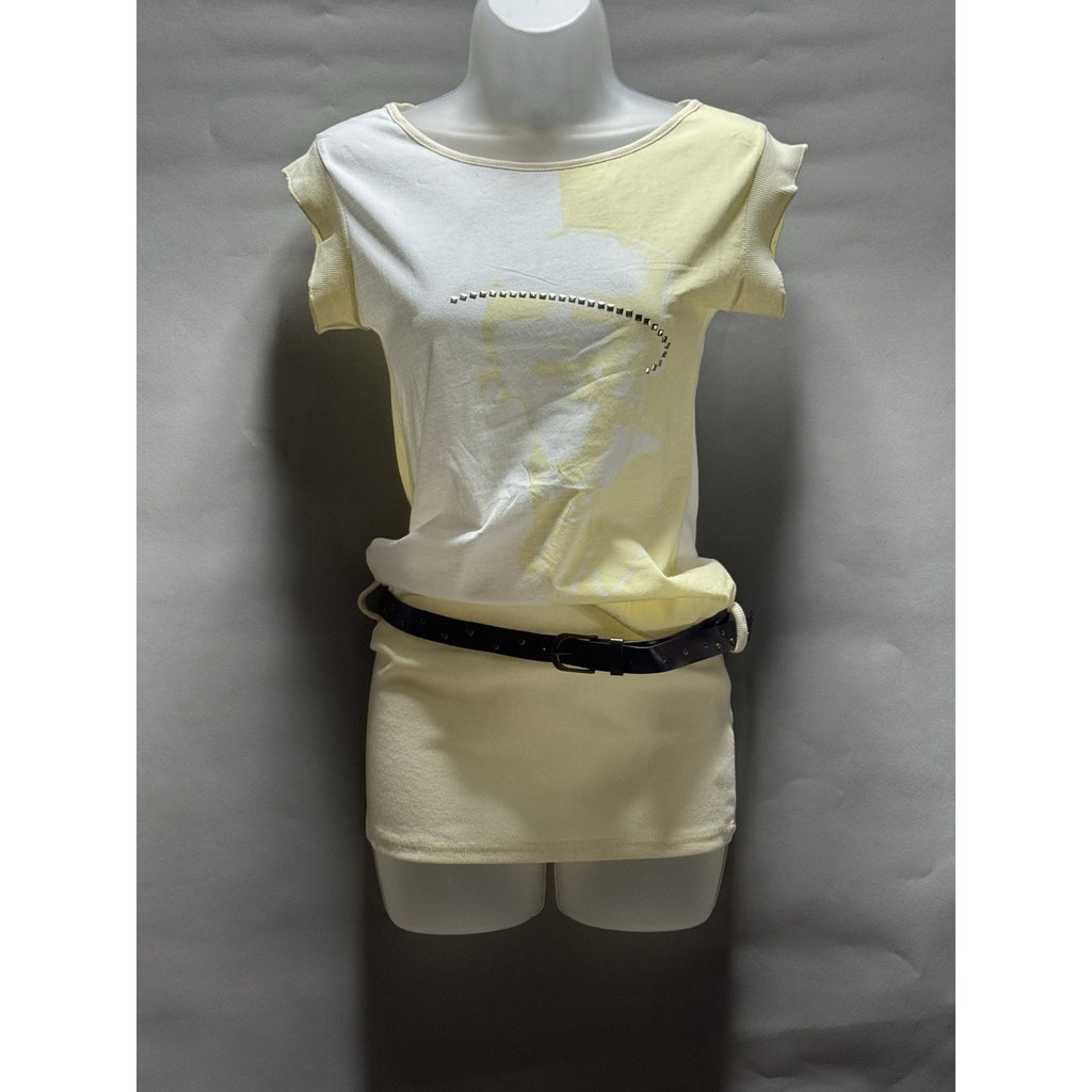 NWT Paradis Miss Womens Small Yellow White Studded Belted Mini Dress Cotton