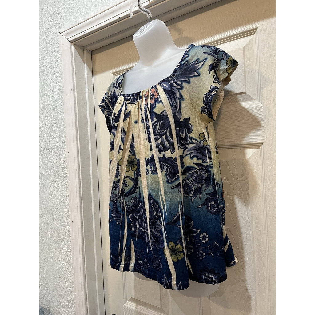 Jane Ashley Blue Floral Abstract Short Sleeve Scoop Neck Top Women's Size Small