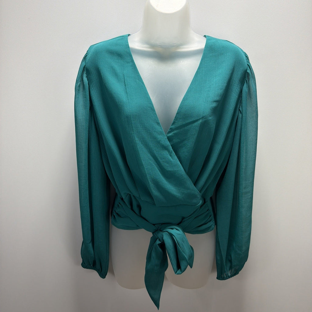 Express V-Neck Faux Wrap Tie Waist Top Size M Turquoise Green Sexy Statement