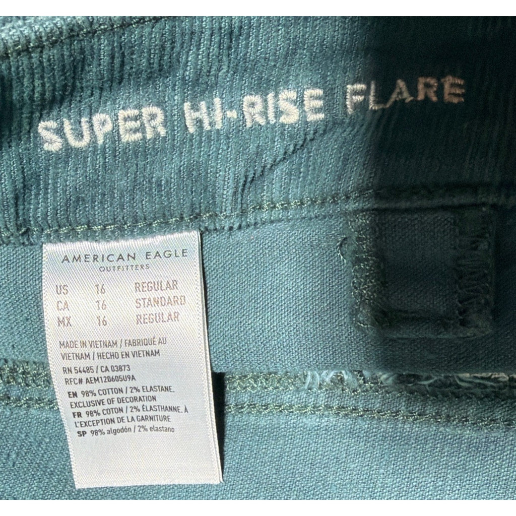 American Eagle Super Hi-Rise Flare Corduroy Pants Green Button Fly Women’s Sz 16