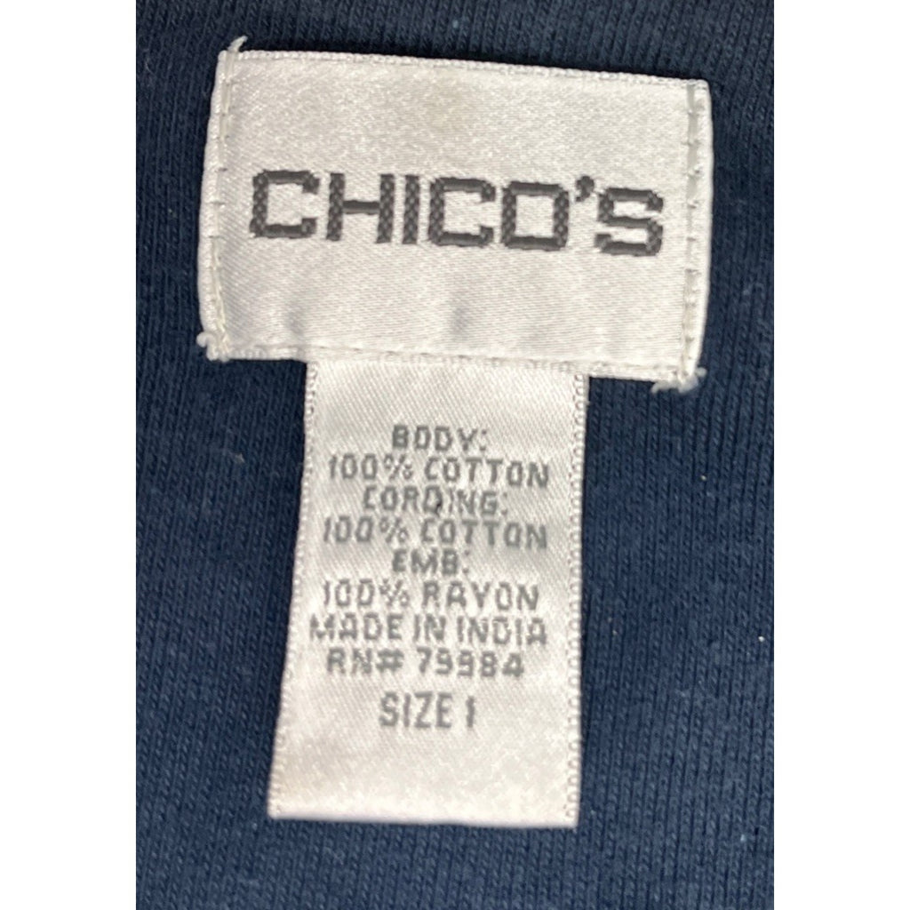 Chico’s Size 1 Large Navy Cotton Embroidered Flowers Cotton Short Sleeve T-Shirt