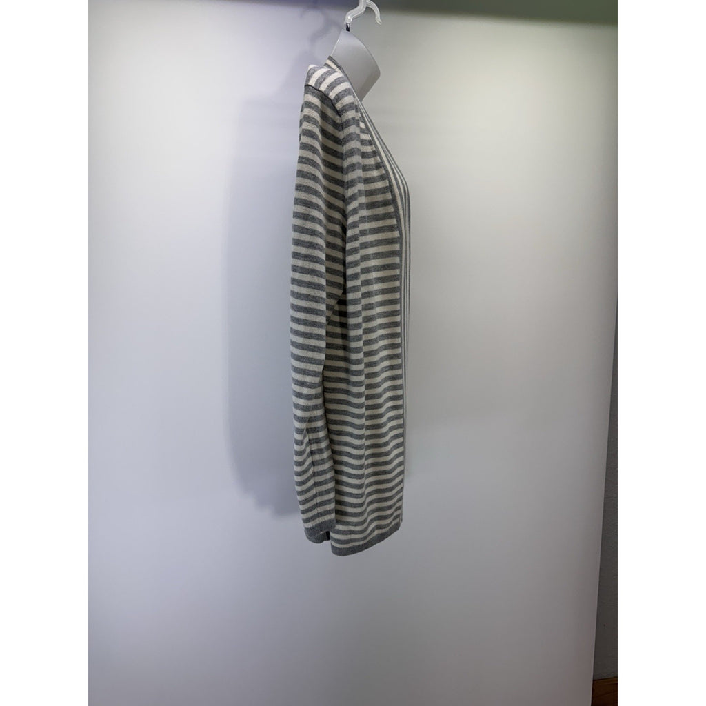 Talbots Open Front Cardigan Lambs Wool Blend Thin Knit White Gray Striped XL