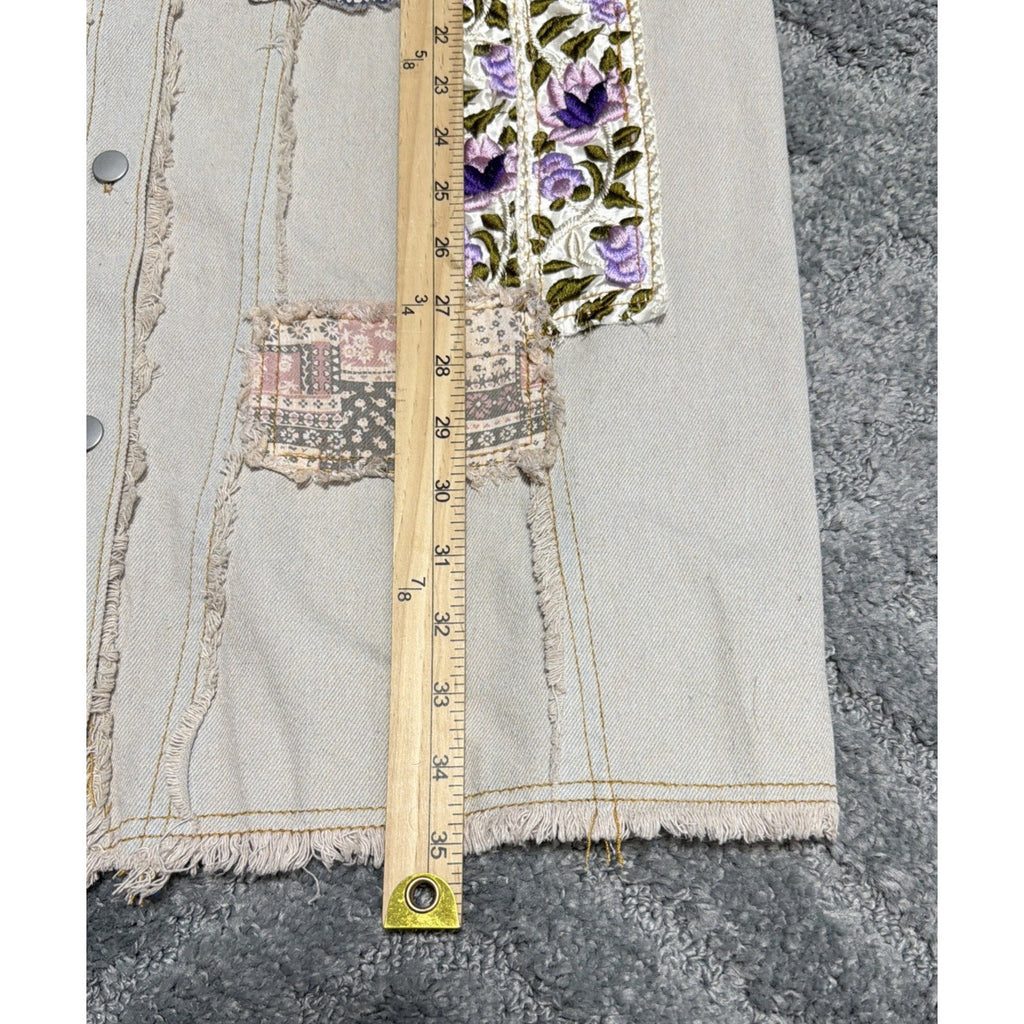 POL M Denim Patchwork Embroidered Boho Sleeveless Double Gauze Vest Dress New