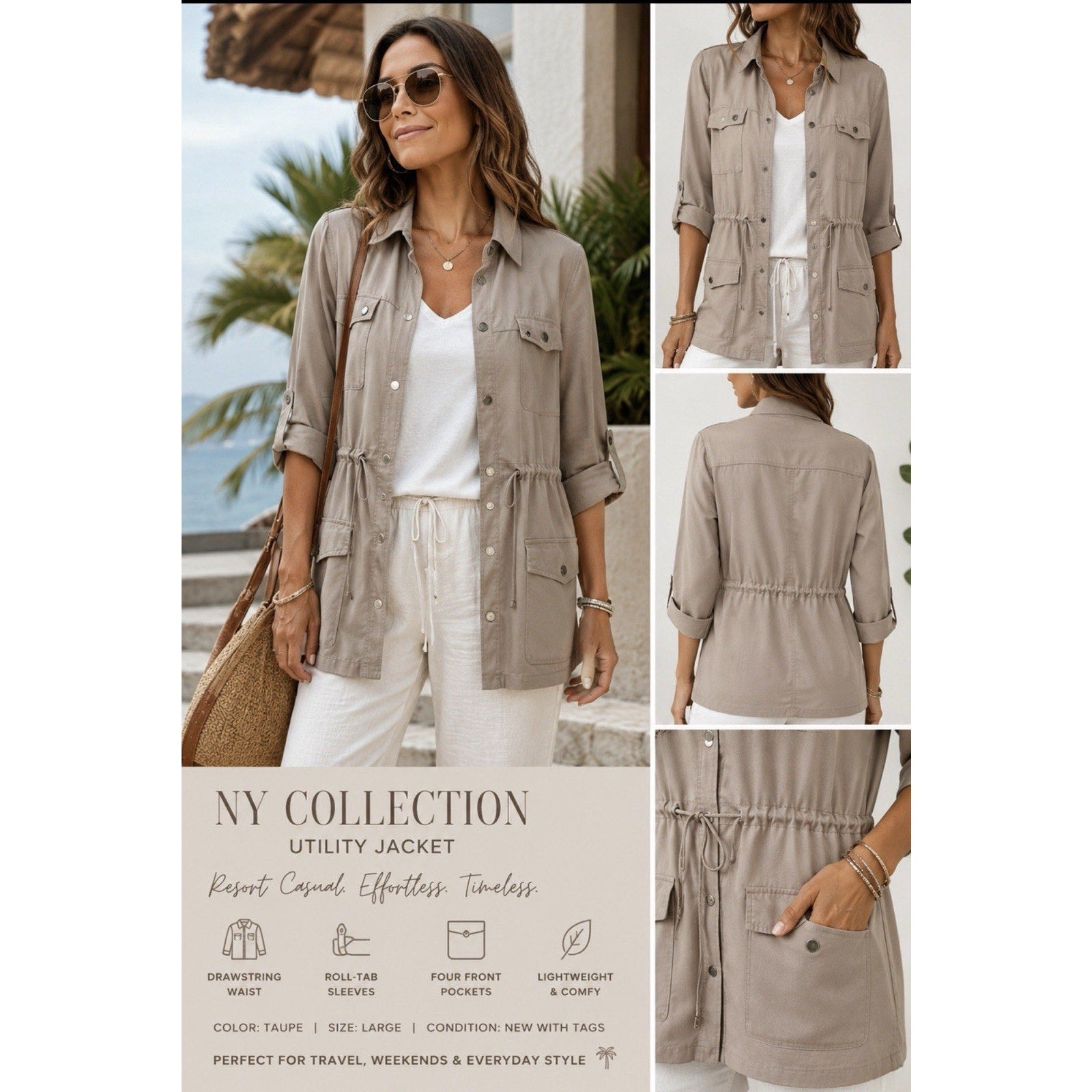 Utility Safari Jacket Size Large Cinch Tie Waist boho NY Collection Taupe NWT