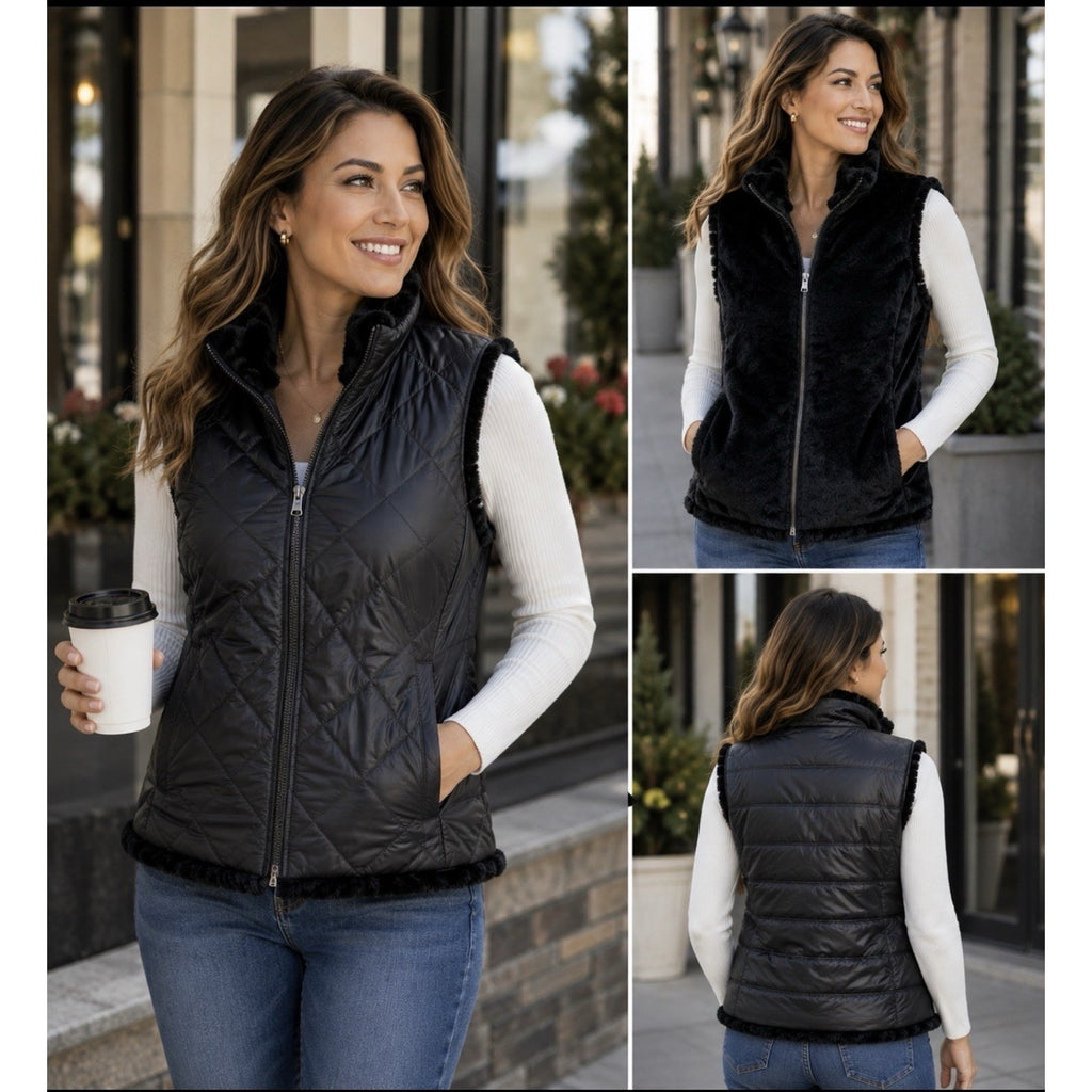 Nicole Miller Reversible Faux Fur Quilted Puffer Vest Black Women’s S NWT