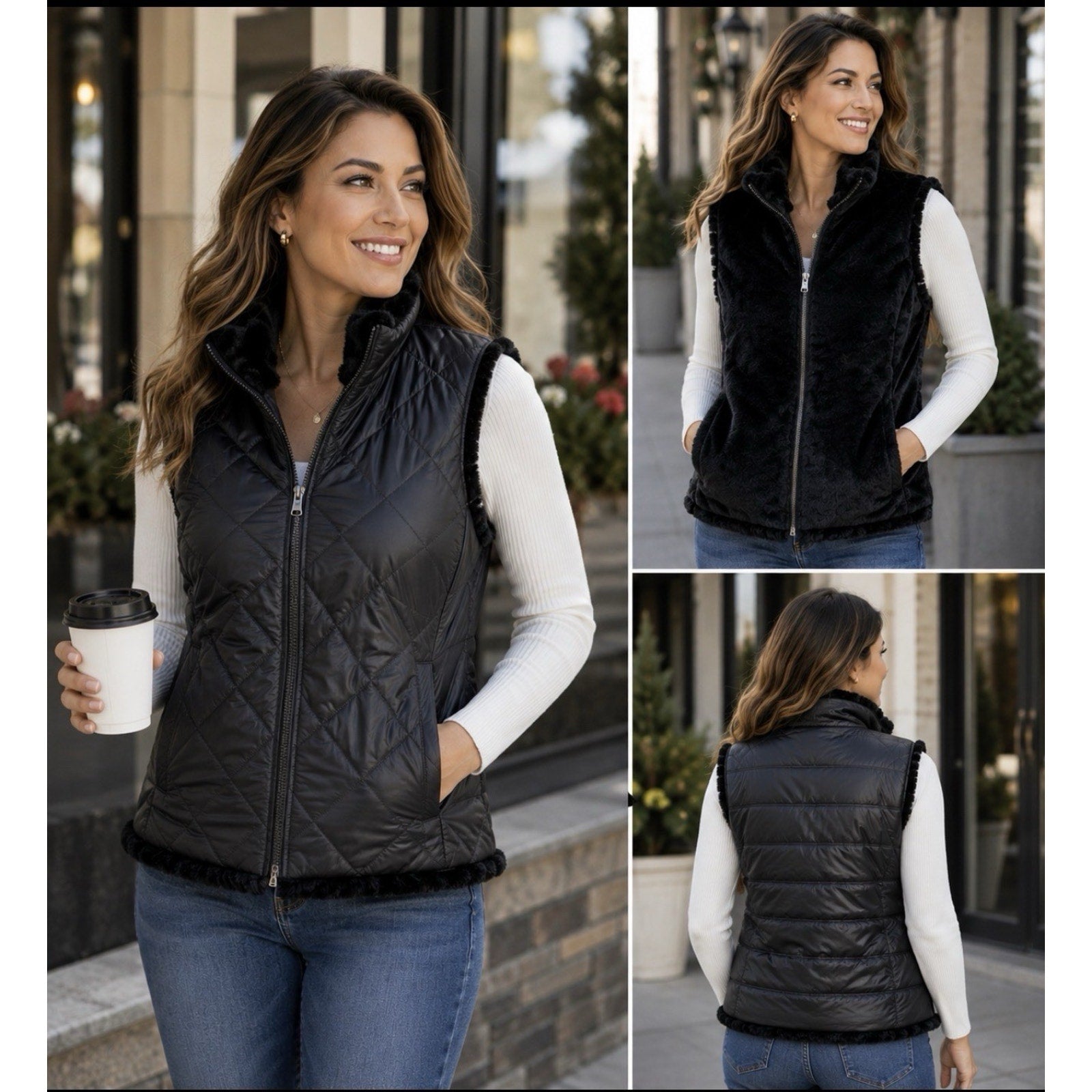 Nicole Miller Reversible Faux Fur Quilted Puffer Vest Black Women’s S NWT