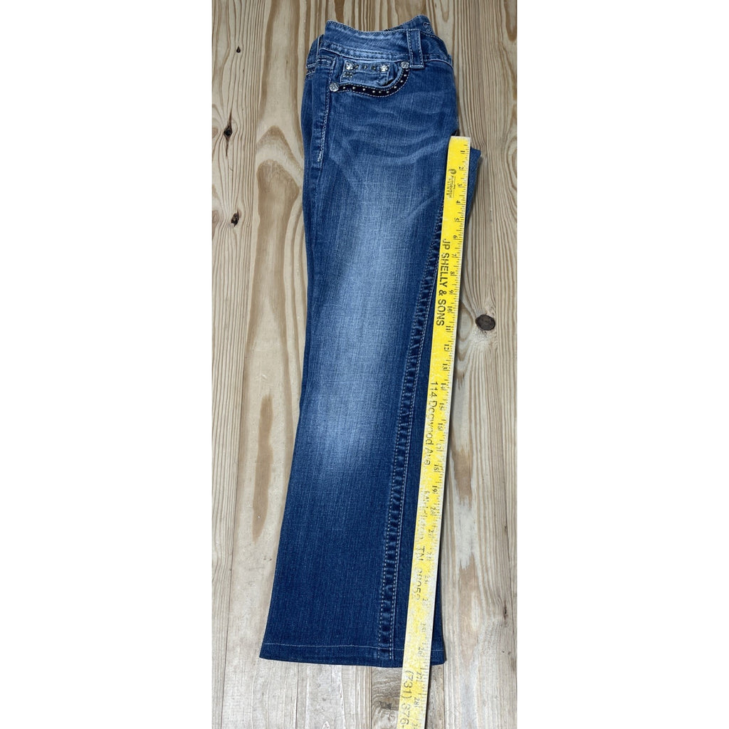 Miss Me Bootcut Jeans Size 26x27 Blue Low Rise Thick Stitch Studded Denim Hem