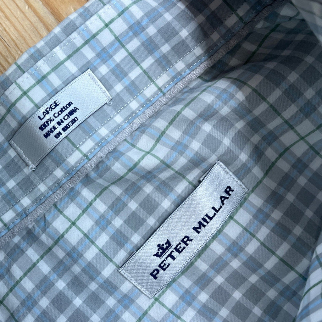 Peter Millar Plaid Blue Long Sleeve Button Down Dress Shirt Mens Size L