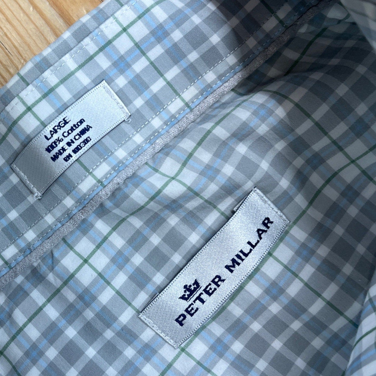 Peter Millar Plaid Blue Long Sleeve Button Down Dress Shirt Mens Size L