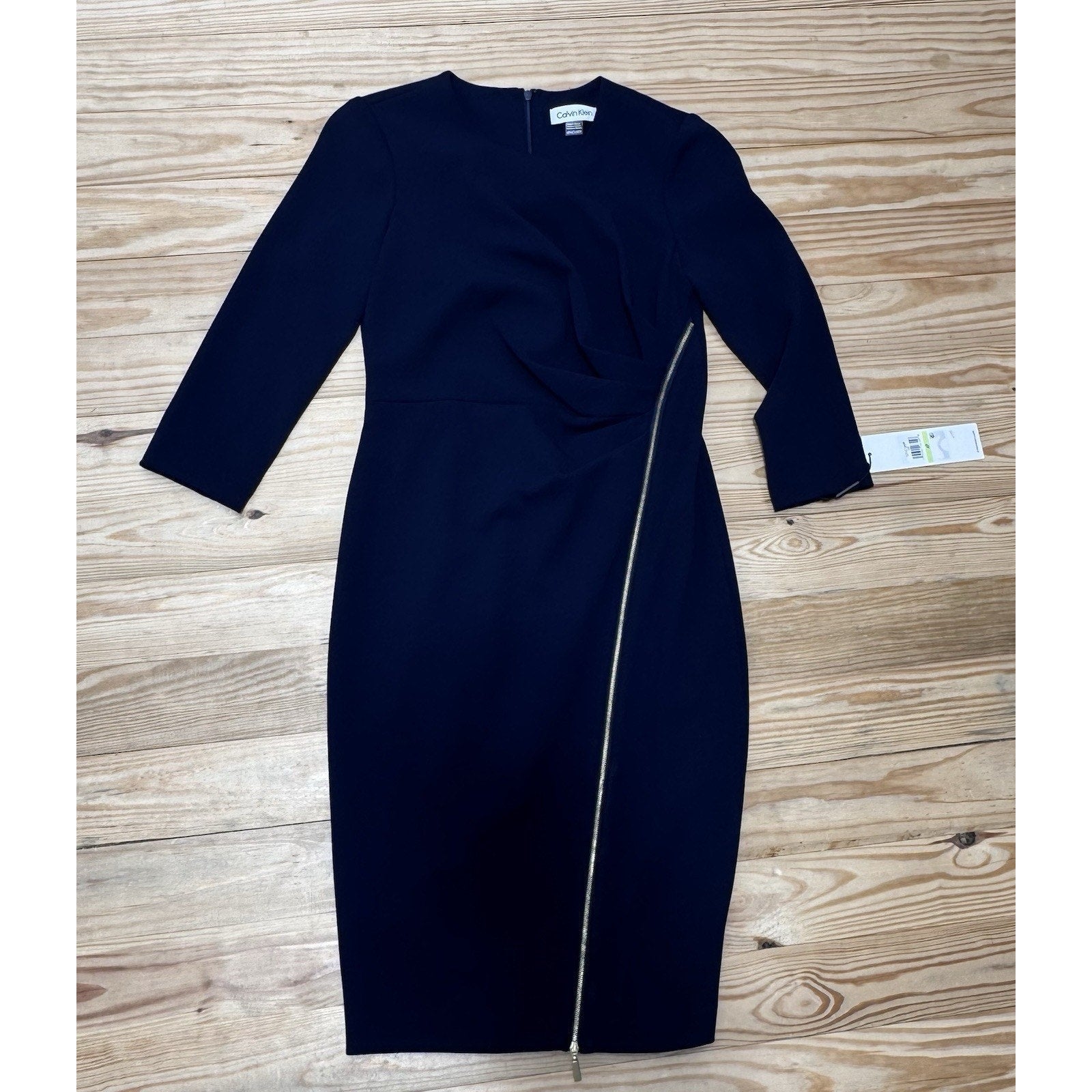 Calvin Klein Black Exposed Front Gold Tone Zipper Sheath Dress 3/4 sleeves 4P