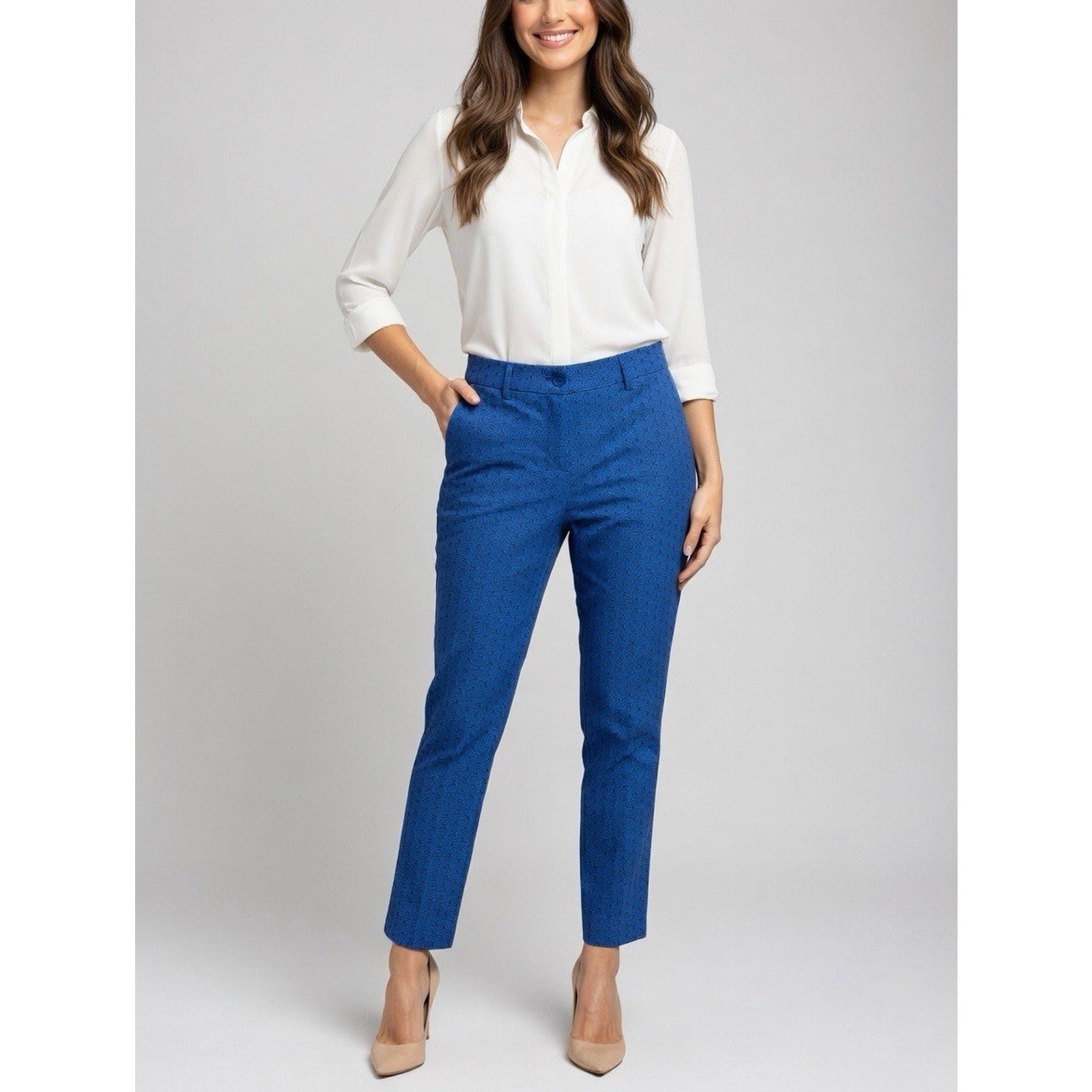 Hilary Radley New Women’s 4 Blue Geometric Print Slim Leg Cropped Pants Stretch