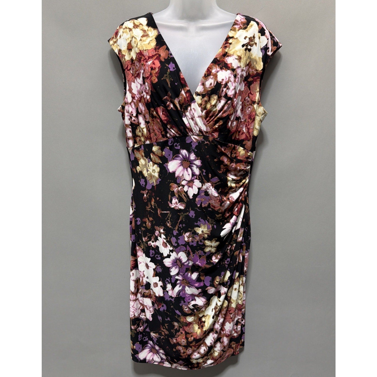 Lauren Ralph Lauren Dress Women 14 Floral Faux Wrap Ruched Sheath Cap Sleeve
