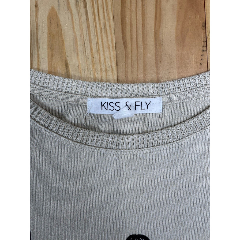 Kiss & Fly City Scape Fashion Theme Rhinestone Long Sleeve Top Women's Size L