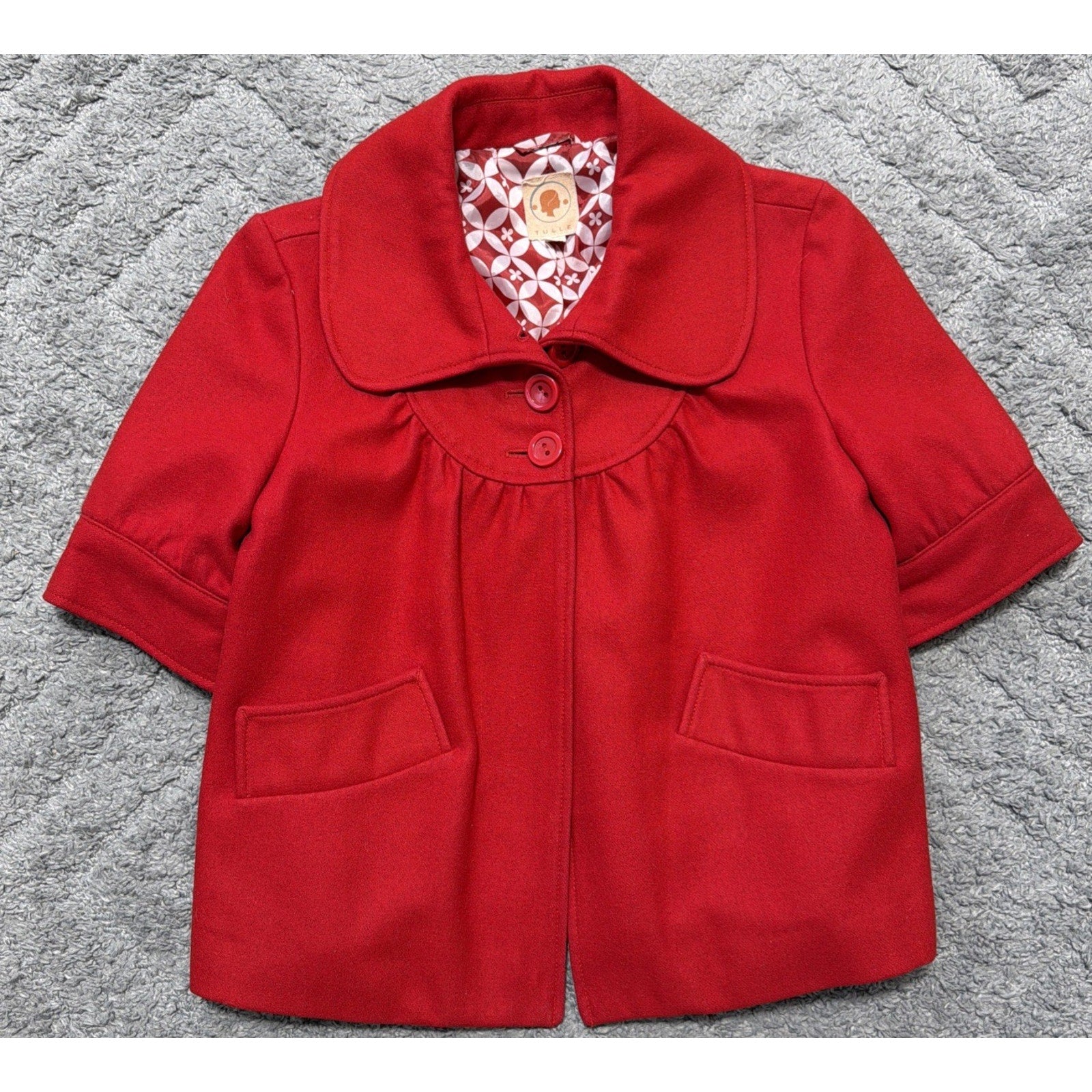 Anthropologie TULLE Crop Coat 3/4 Sleeve Red Wool Blend Size: M