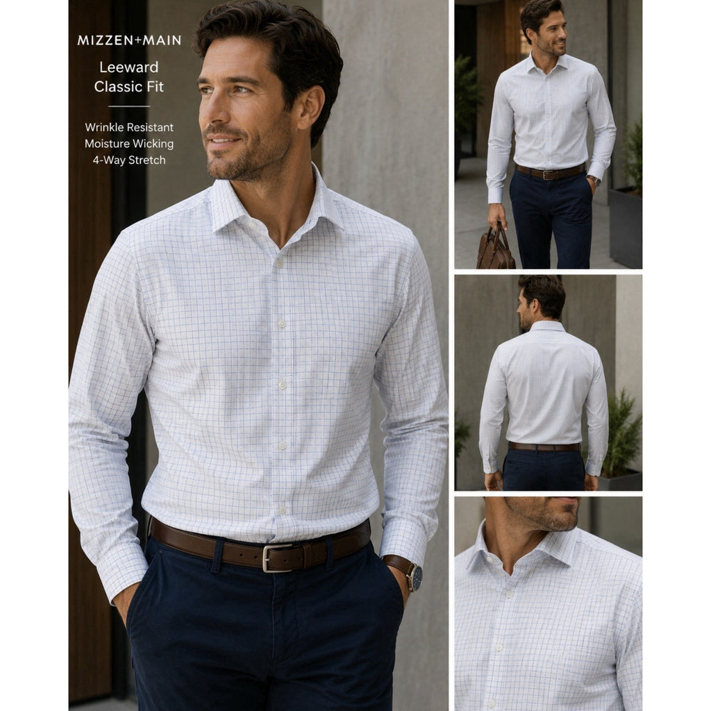 Mizzen+Main Leeward Classic Dress Shirt Men’s M White Blue Check Stretch
