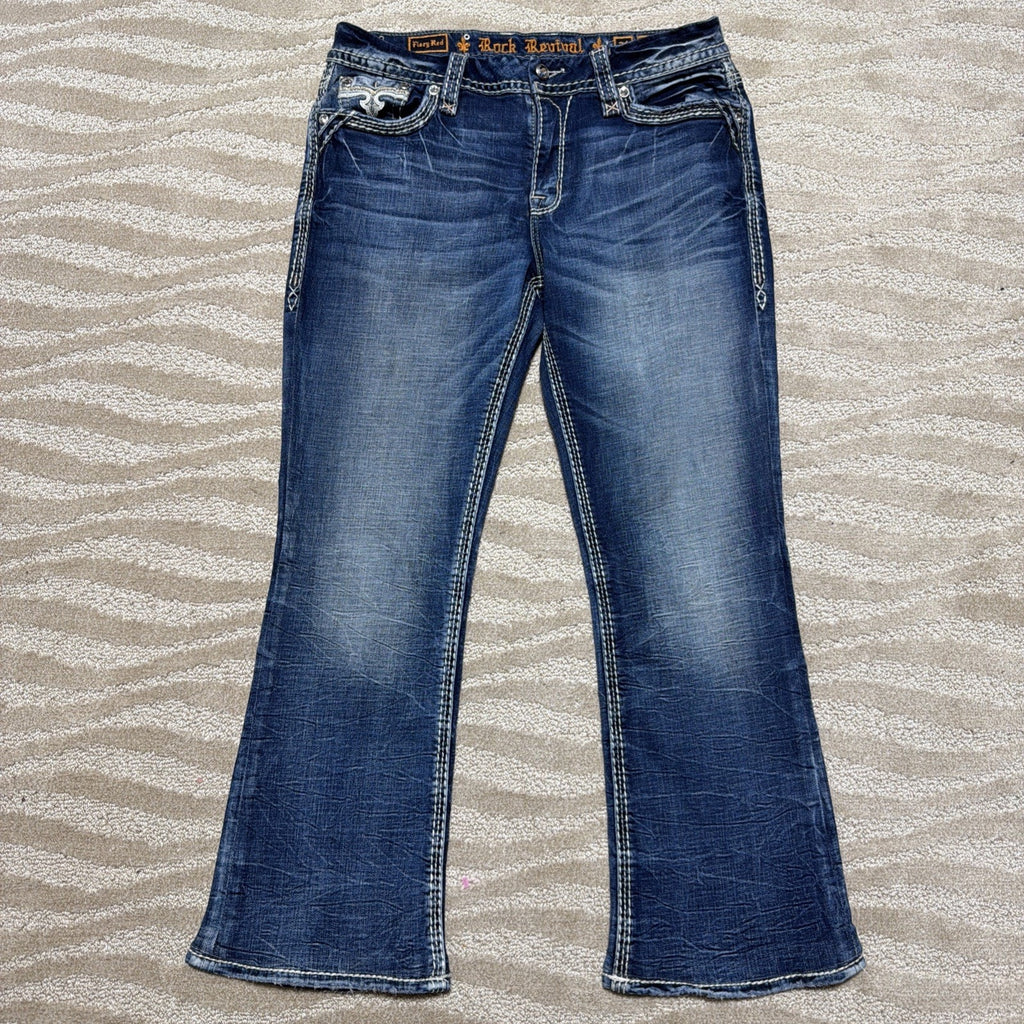 Rock Revival Fiery Red Easy Boot Denim Blue Jeans Embellished MidRise 31x28 Hem