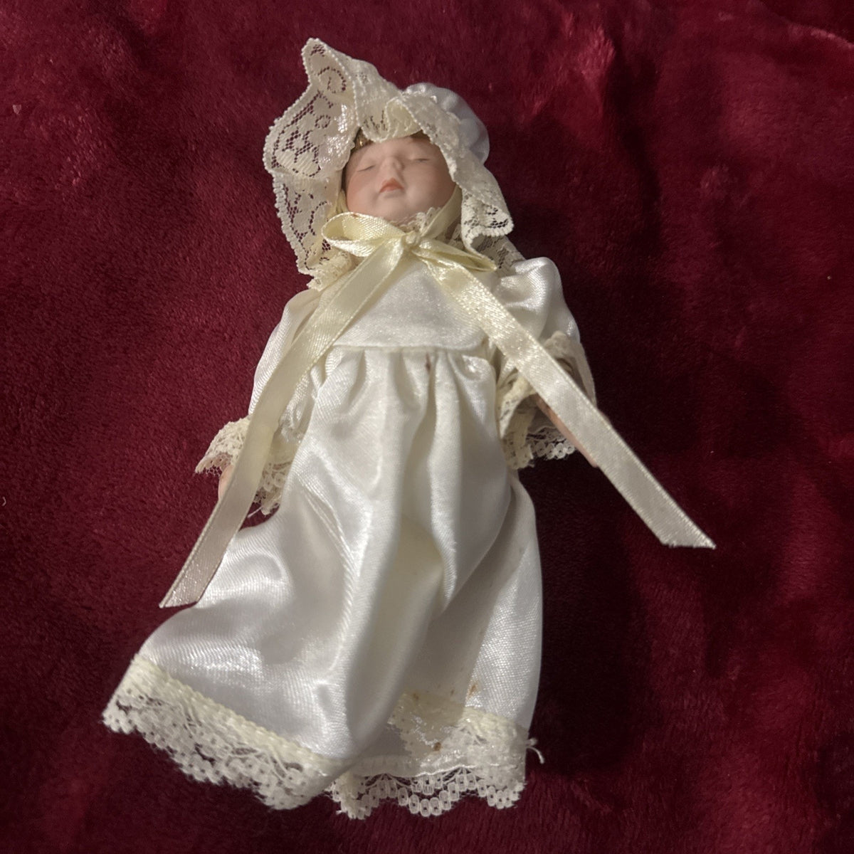 Vintage Mini Porcelain Baby Doll 5” White Satin Lace Dress Bonnet Collectible
