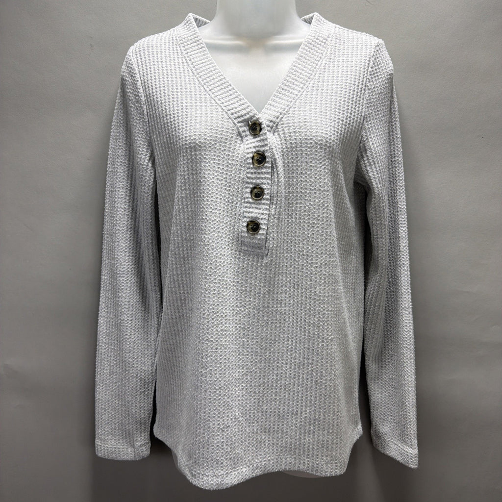 Loft Women's Gray Long Sleeve V Neck Waffle Knit Top Size Medium