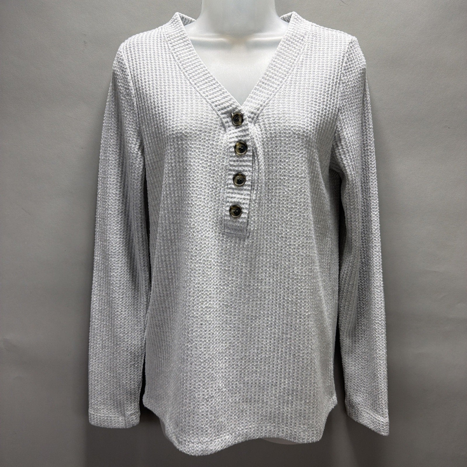 Loft Women's Gray Long Sleeve V Neck Waffle Knit Top Size Medium