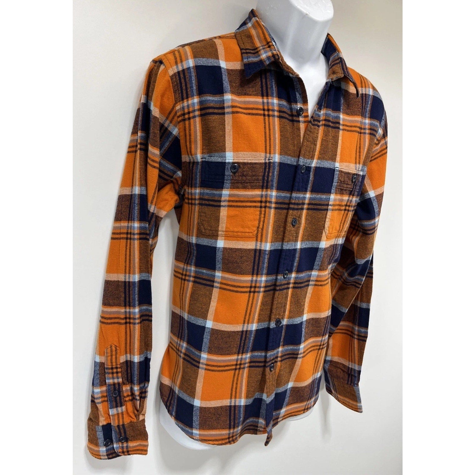 True Craft Men’s Sz Large Orange & Navy Plaid Flannel Button-Down Shirt