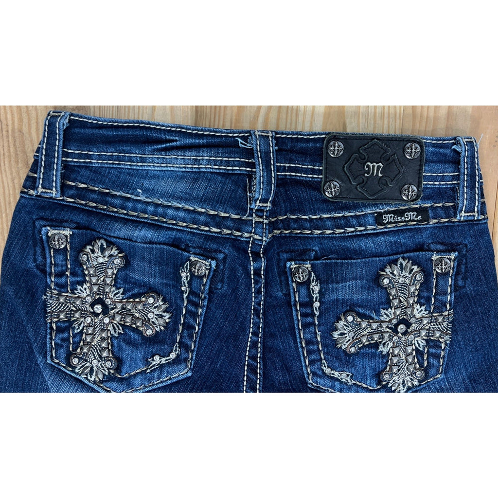 Miss Me Jeans Youth 12 Blue Denim Skinny Rhinestones Studs Dark Wash Women 25x29