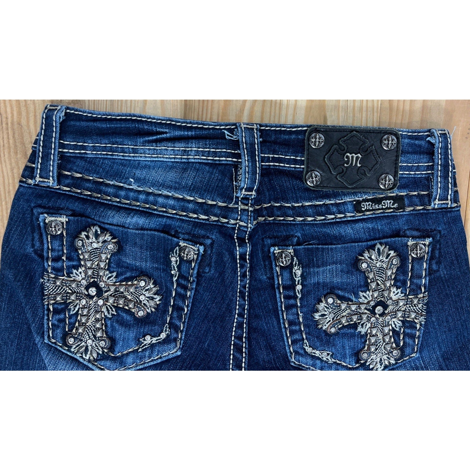 Miss Me Jeans Youth 12 Blue Denim Skinny Rhinestones Studs Dark Wash Women 25x29