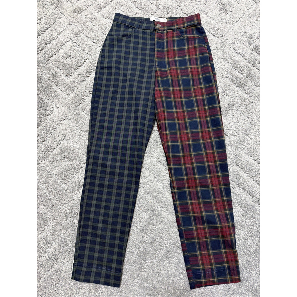 Hollister Ultra High Rise Split Leg Plaid Pants Navy Red Green Small 27x27