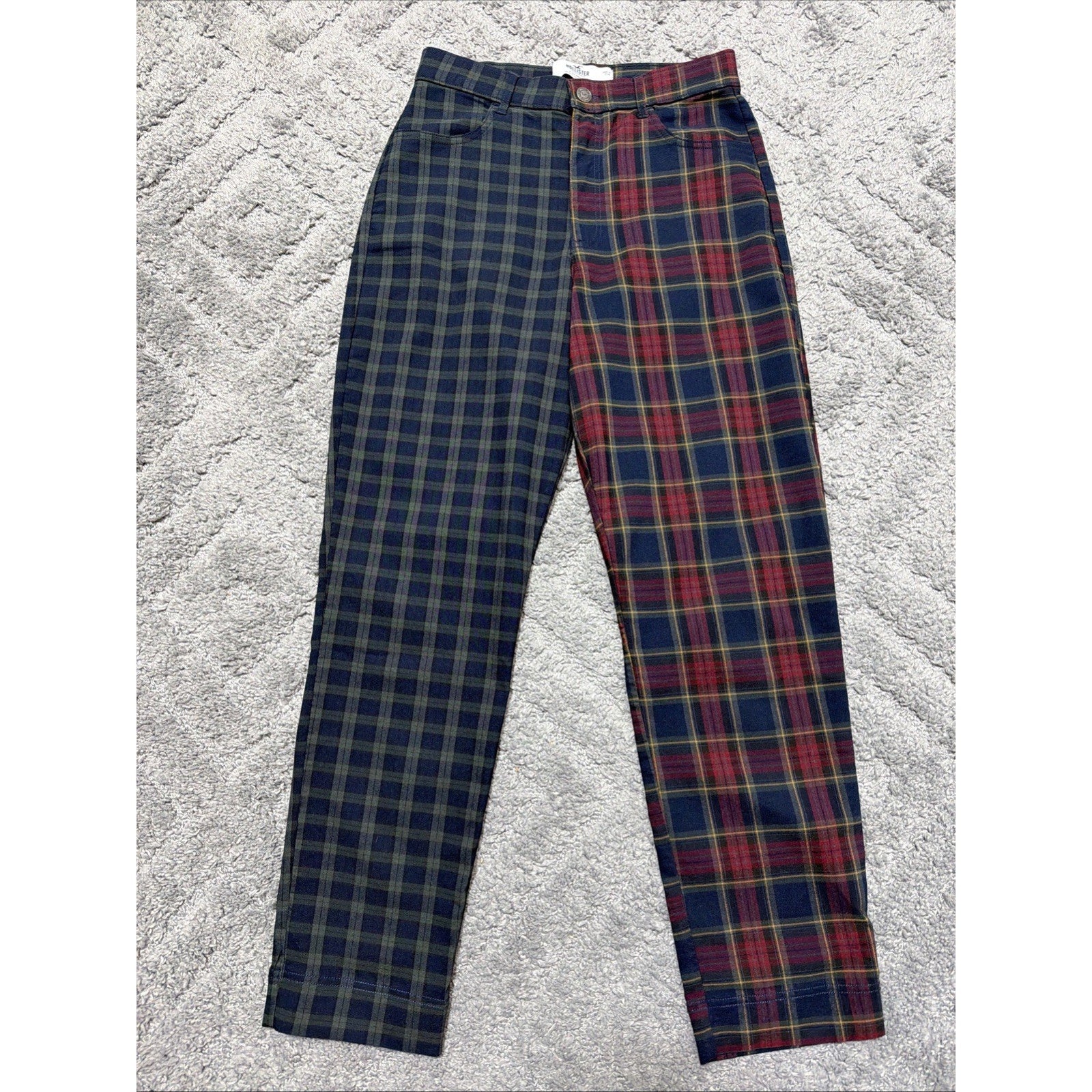 Hollister Ultra High Rise Split Leg Plaid Pants Navy Red Green Small 27x27