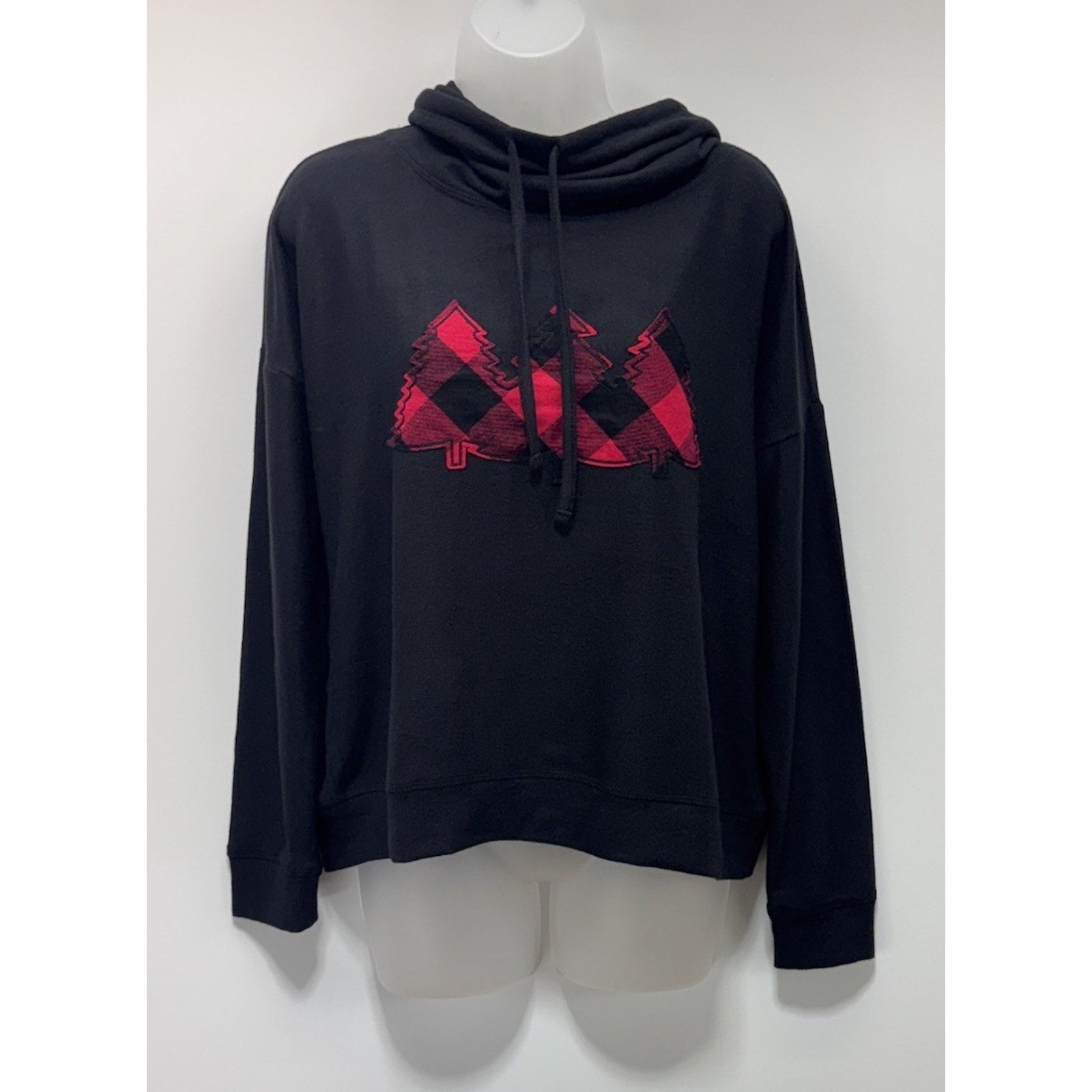 Maurices Fleece Cowl Neck Sweater Black & Red Plaid Trees Women’s Size M NWT