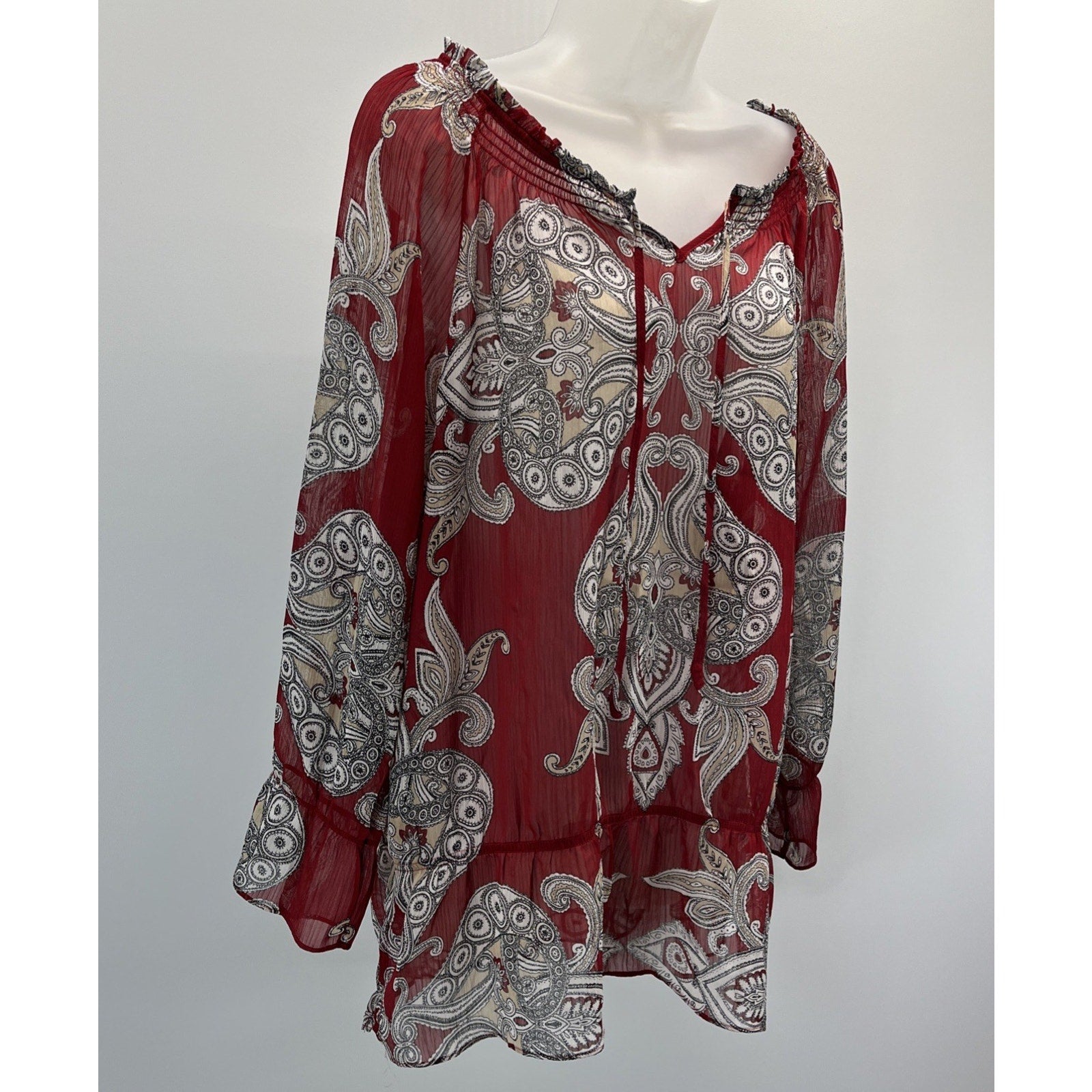 CHICO's 2 Womens L Blouse Shirt Burgundy Black Tan Paisley Print V Neck