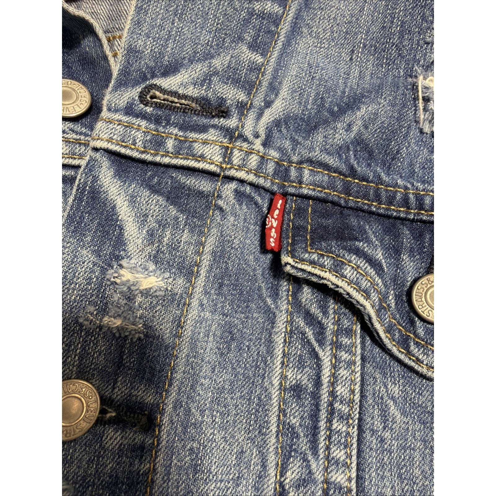 Levis Men's Denim Jacket Blue 100% Cotton Distressed Trucker Double Chest Small