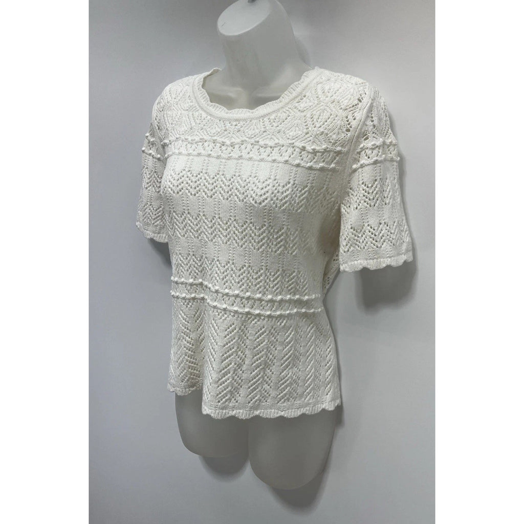 Talbots Pointelle Stitch Short Sleeve Lined Top Size Small White