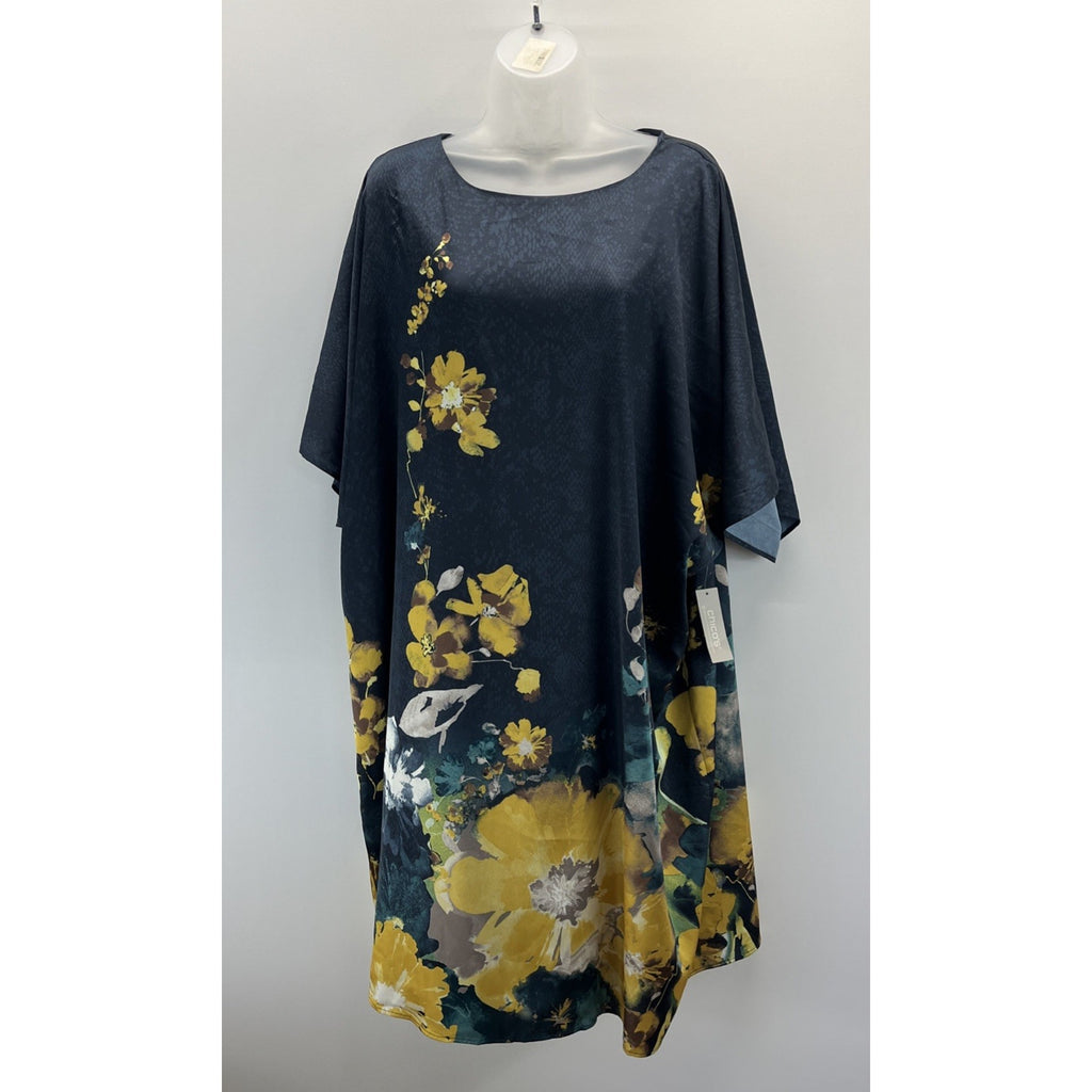 NWT Chico's 4 Navy Blue Yellow Floral Satin Kimono Dress Lined