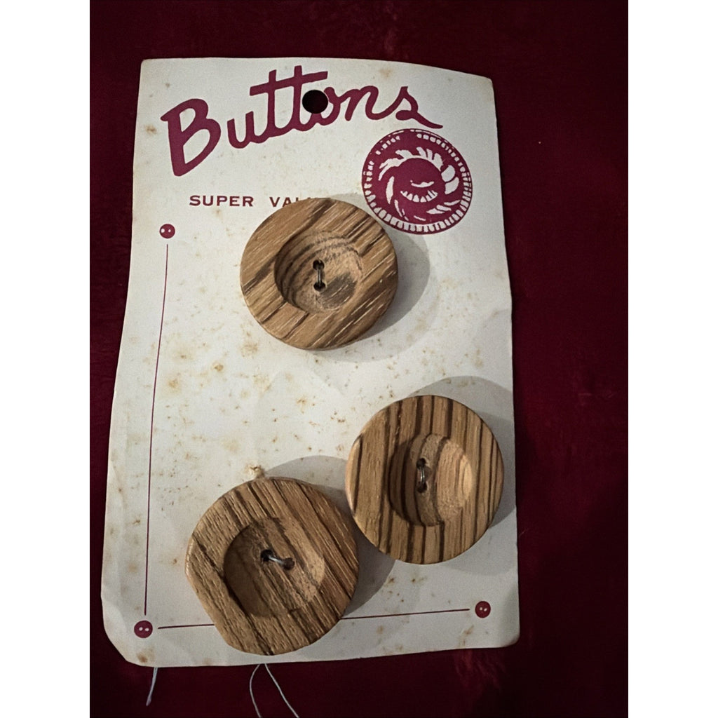 Vintage Brown Wood Buttons 4 Hole 1 1/4” Large Sewing Craft Original Card NOS