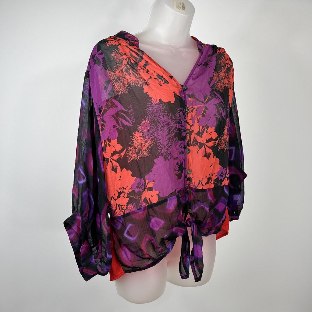 Fig & Flower Top Size M Purple Red Colorful Tie Front Sheer Popover Shirt