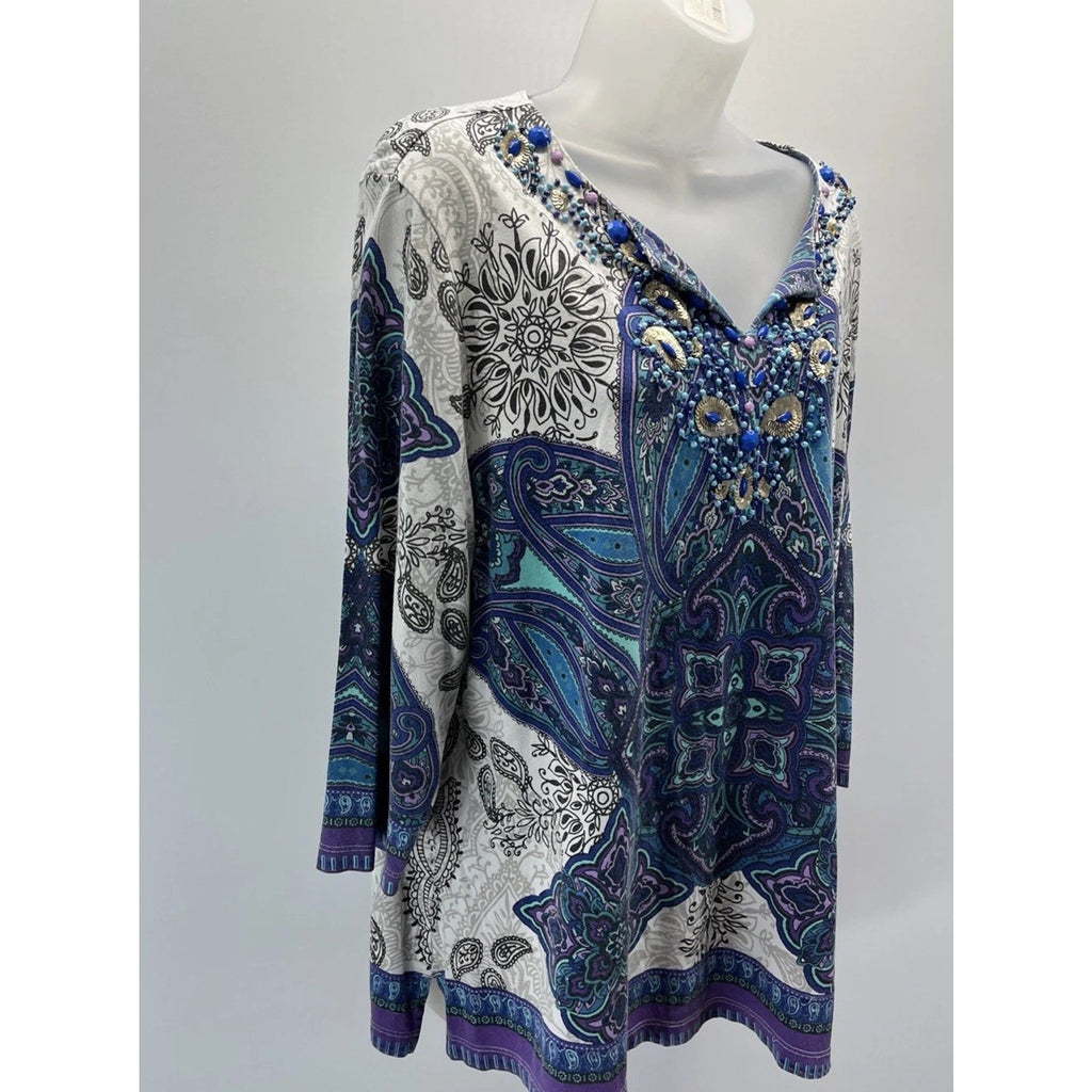 CHICO'S GRAND STATEMENT EMBELLISHED 3/4 SLEEVE TUNIC TOP MULTI COLOR Size 3