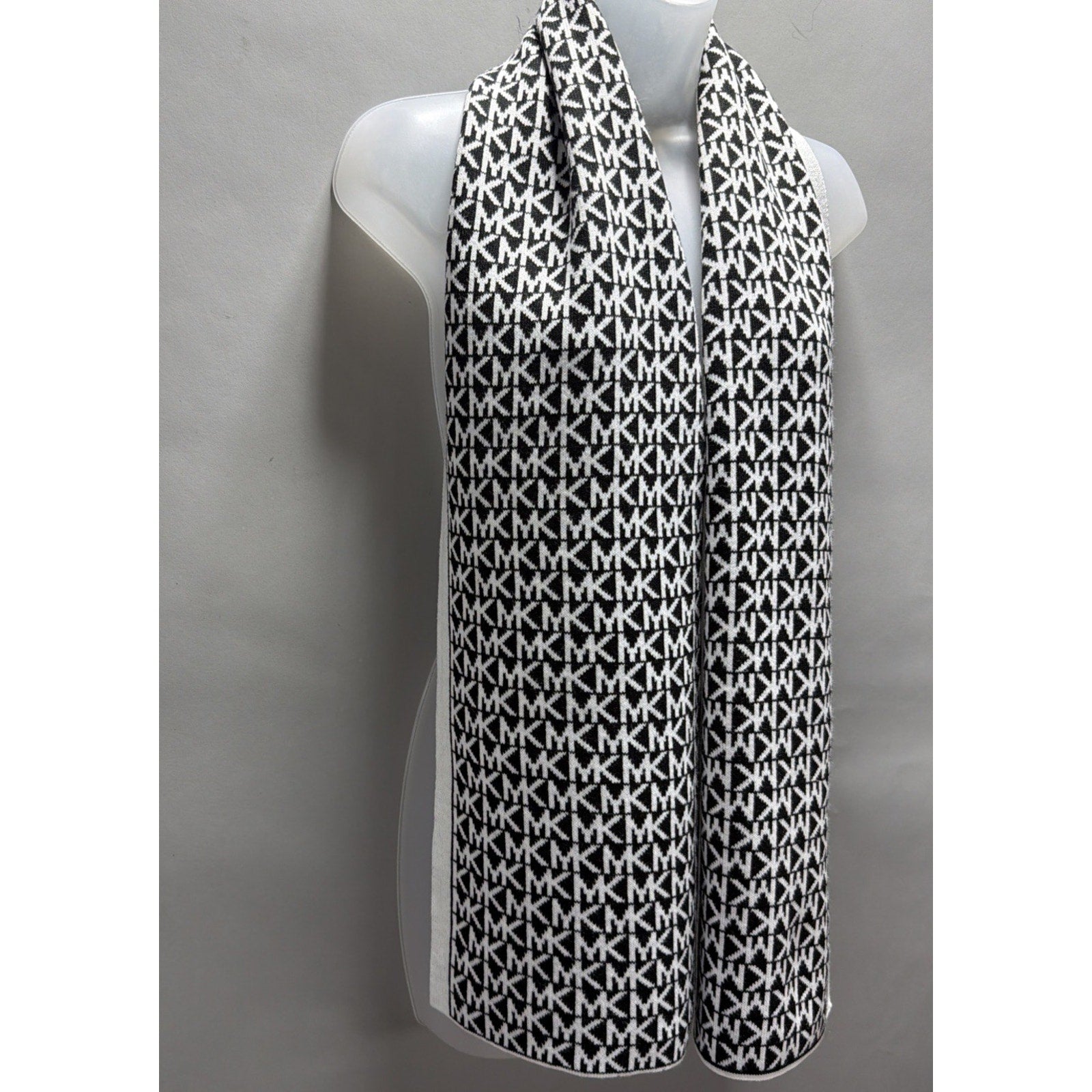 Michael Kors 100% Acrylic Mk Monogram Scarf Black White Jacquard Knit Wrap