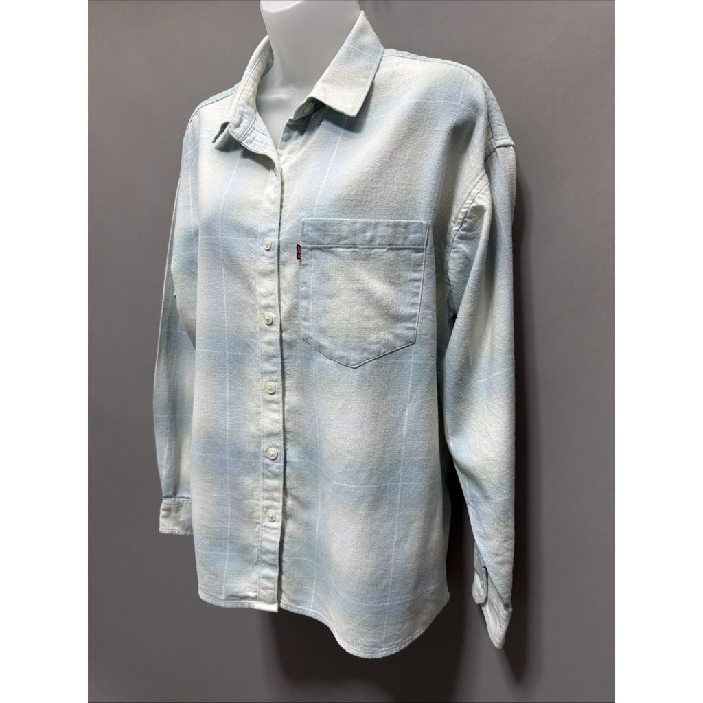 Levi's WoMen's Blue White Plaid Flannel Button-Up Shirt Long Sleeve M