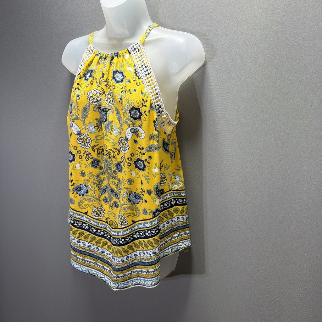 Cato Womens Medium Boho Crochet Neck Tank Top Yellow Blue Paisley