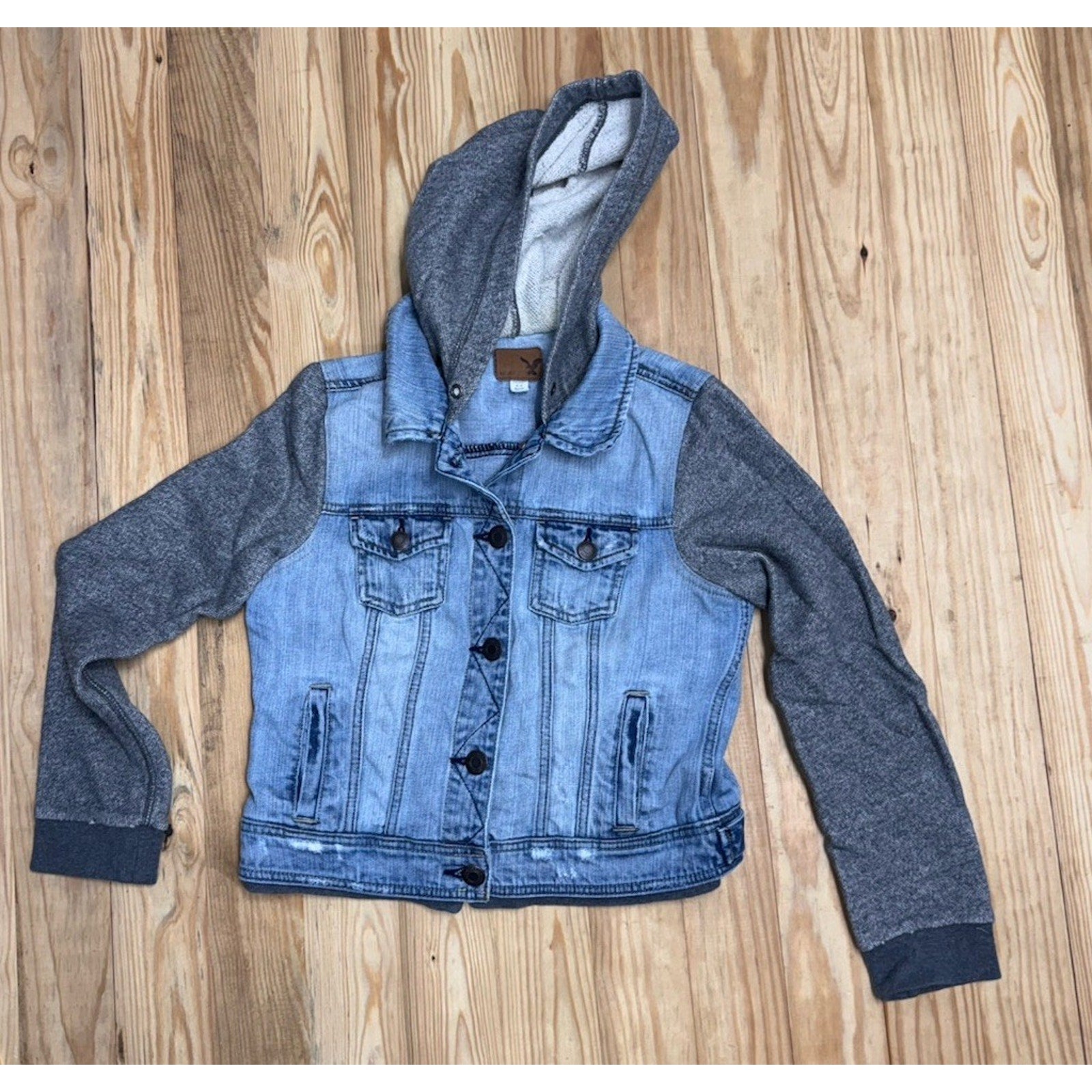 American Eagle Hooded Denim Jacket Size Juniors Medium Gray Fabric Sleeves