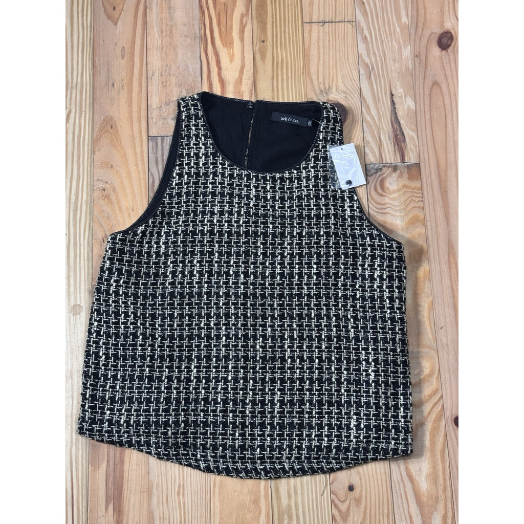 Ark & Co. women Crop Tweed Tank Black Gold Lined Small Keyhole Back Button NWT