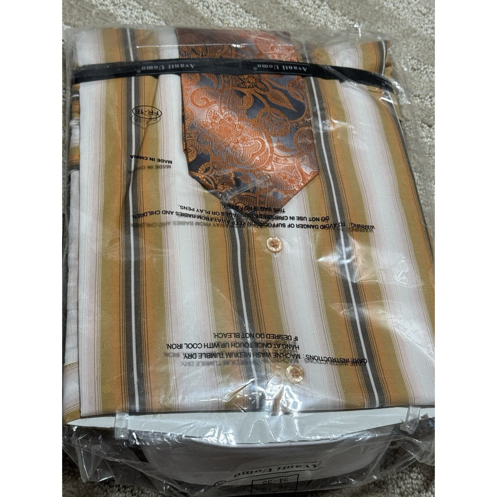 NWT Avanti Uomo 16.5 34/35 Dress Shirt Tie Hanky Cufflinks Set Orange Stripe