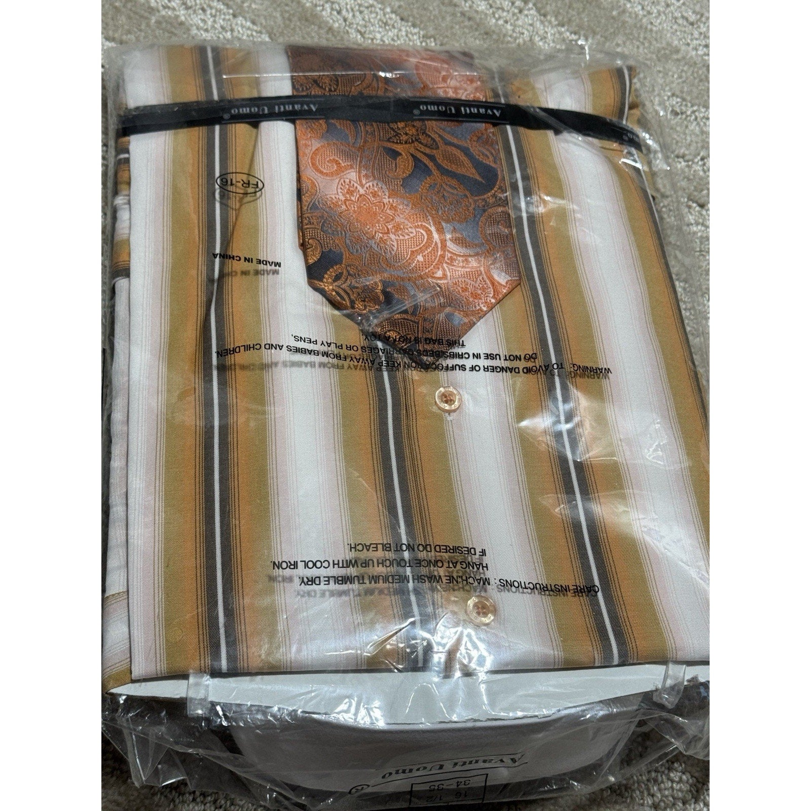 NWT Avanti Uomo 16.5 34/35 Dress Shirt Tie Hanky Cufflinks Set Orange Stripe
